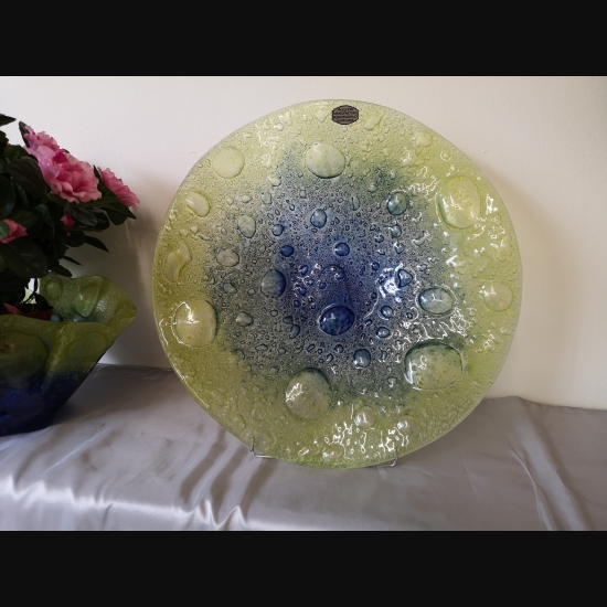 Patera szklana z bąblami niebiesko-żółta 37cm